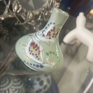 Artisan Floral Ceramic Vase in Green and Gold